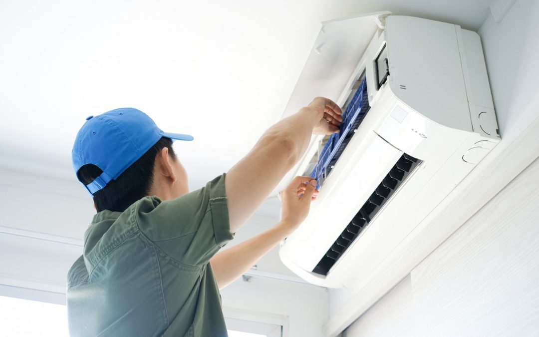 HVAC technician servicing a ductless mini split in Hacienda Heights