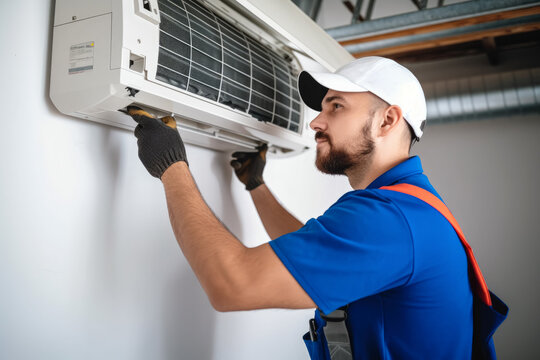 HVAC technician installing a mini split air conditioner in Hacienda Heights