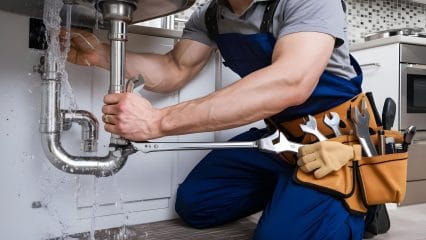 Plumber repairing pipes beneath a sink in Hacienda Heights